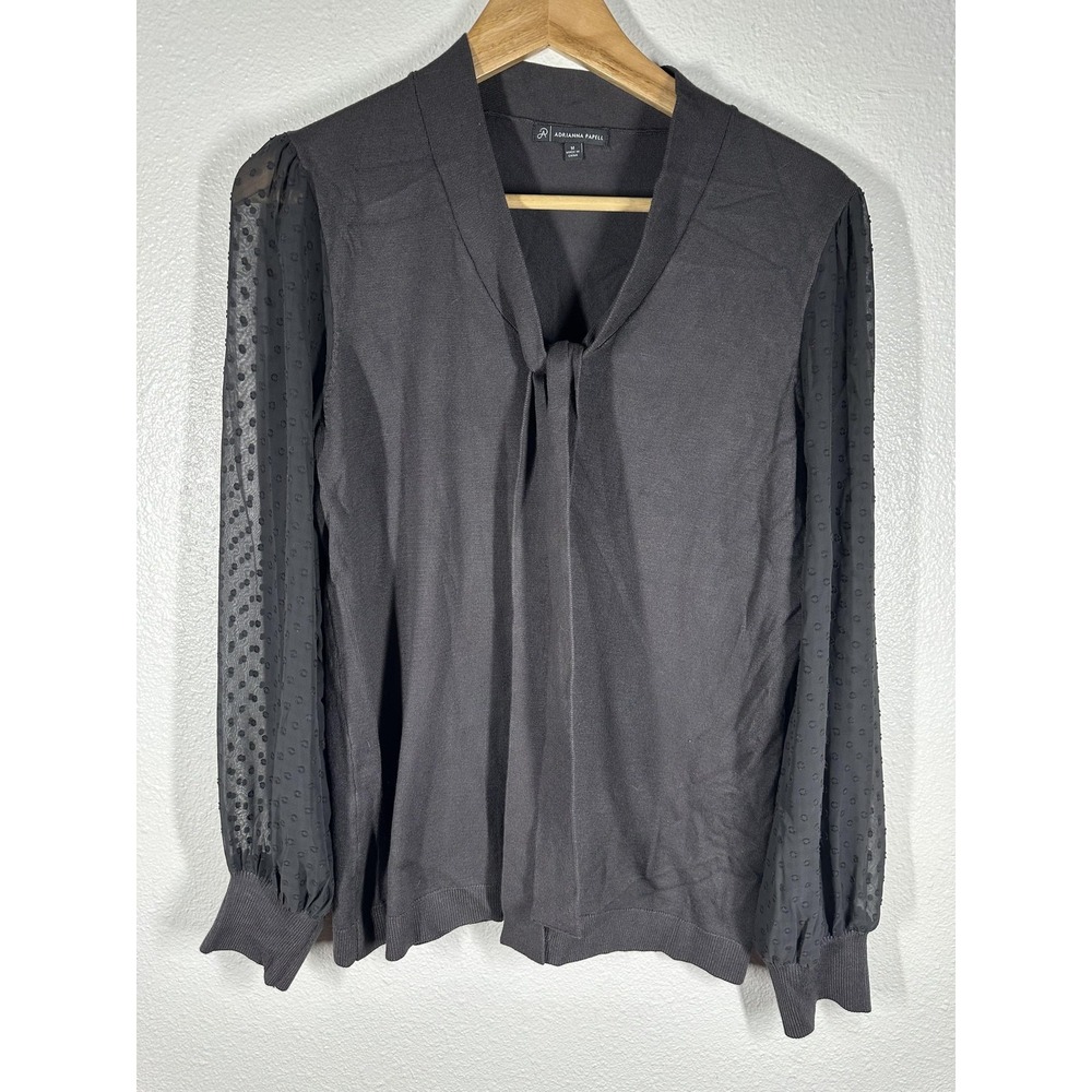 Adrianna‎ Papell Sweater Womens Medium Black Tie Neck Sheer Swiss Dot Sleeves